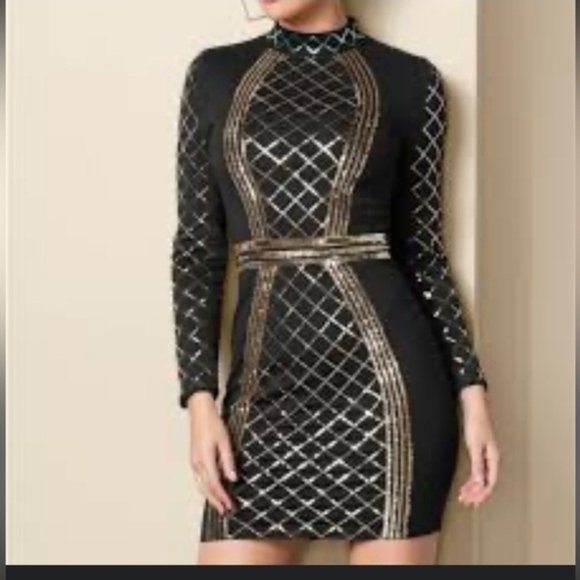 VENUS Dresses & Skirts - VENUS Black and Gold Long Sleeve Dress